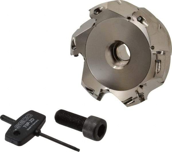 Seco - 3.15" Cut Diam, 1" Arbor Hole, 0.18" Max Depth of Cut, 45° Indexable Chamfer & Angle Face Mill - 6 Inserts, SE.. 09T3 Insert, Right Hand Cut, 6 Flutes, Through Coolant, Series R220.53 - Benchmark Tooling