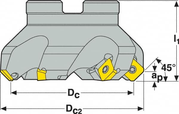 Seco - 1.57" Cut Diam, 3/4" Arbor Hole, 0.18" Max Depth of Cut, 45° Indexable Chamfer & Angle Face Mill - 4 Inserts, SE.. 09T3 Insert, Right Hand Cut, 4 Flutes, Through Coolant, Series R220.53 - Benchmark Tooling