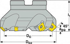 Seco - 1.57" Cut Diam, 3/4" Arbor Hole, 0.18" Max Depth of Cut, 45° Indexable Chamfer & Angle Face Mill - 4 Inserts, SE.. 09T3 Insert, Right Hand Cut, 4 Flutes, Through Coolant, Series R220.53 - Benchmark Tooling