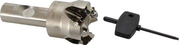 Seco - 45° Lead Angle, 1.65" Max Cut Diam, 0.18" Max Depth of Cut, Indexable Chamfer and Angle End Mill - 4 Inserts, SE.. 09T3 Insert Style, 3.54" Overall Length, Through Coolant - Benchmark Tooling