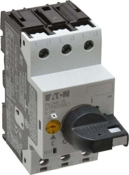 Eaton Cutler-Hammer - 25 Amp, IEC, Open Pushbutton Manual Motor Starter - 45mm Wide x 94mm Deep x 3.6667" High, 15 hp at 480 V, 20 hp at 600 V & 7-1/2 hp at 240 V, CE Approved, CSA Certified, DIN VDE, EN/IEC, UL 508 Type E Compliant & UL Listed - Benchmark Tooling