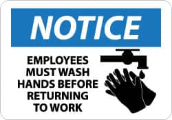 NMC - "Notice - Employees Must Wash Hands Before Returning to Work", 10" Long x 14" Wide, Aluminum Safety Sign - Rectangle, 0.04" Thick, Use for Restroom, Janitorial & Housekeeping - Benchmark Tooling