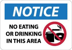 NMC - "Notice - No Eating or Drinking in This Area", 10" Long x 14" Wide, Aluminum Safety Sign - Rectangle, 0.04" Thick, Use for Security & Admittance - Benchmark Tooling