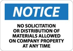 NMC - "Notice - No Solicitation or Distribution of Materials Allowed on Company Property at Any Time", 10" Long x 14" Wide, Aluminum Safety Sign - Rectangle, 0.04" Thick, Use for Security & Admittance - Benchmark Tooling