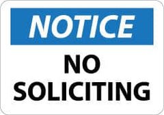 NMC - "Notice - No Soliciting", 10" Long x 14" Wide, Aluminum Safety Sign - Rectangle, 0.04" Thick, Use for Security & Admittance - Benchmark Tooling