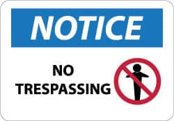 NMC - "Notice - No Trespassing", 10" Long x 14" Wide, Aluminum Safety Sign - Rectangle, 0.04" Thick, Use for Security & Admittance - Benchmark Tooling