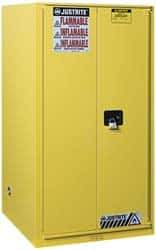 Justrite - 2 Door, 5 Shelf, Yellow Steel Standard Safety Cabinet for Flammable and Combustible Liquids - 65" High x 34" Wide x 34" Deep, Manual Closing Door, 3 Point Key Lock, 96 Gal Capacity - Benchmark Tooling