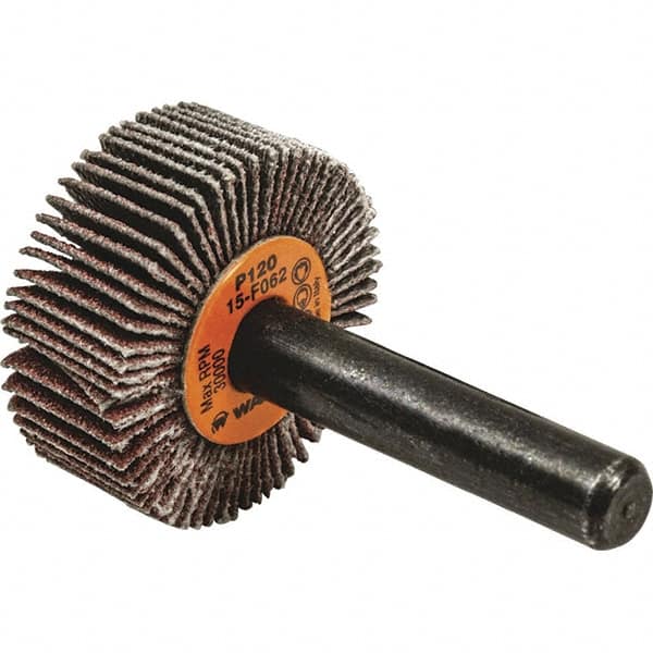 WALTER Surface Technologies - 1" Diam x 1" Face Width, Fine Aluminum Oxide Coated Mounted Flap Wheel - 1/4" Shank Mount, 120 Grit, Cloth Backing, 30,000 Max RPM - Benchmark Tooling