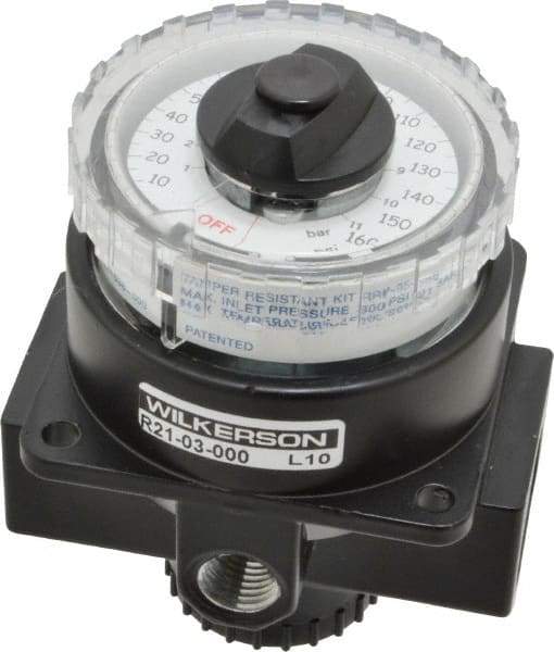 Wilkerson - 3/8 NPT Port, 180 CFM, Zinc Dial Air Regulator - 5 to 160 psi Range, 300 Max psi Supply Pressure, 1/4" Gauge Port Thread, 3.2" Wide x 4.19" High - Benchmark Tooling