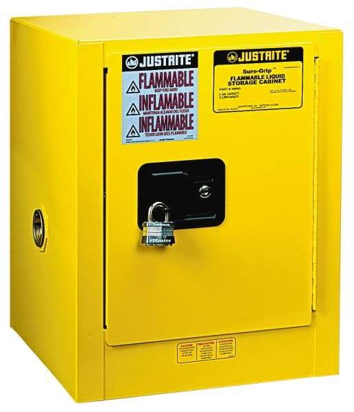 Justrite - 1 Door, 1 Shelf, Yellow Steel Bench Top Safety Cabinet for Flammable and Combustible Liquids - 22" High x 17" Wide x 17" Deep, Self Closing Door, 4 Gal Capacity - Benchmark Tooling