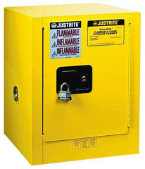 Justrite - 1 Door, 1 Shelf, Yellow Steel Bench Top Safety Cabinet for Flammable and Combustible Liquids - 22" High x 17" Wide x 17" Deep, Manual Closing Door, 4 Gal Capacity - Benchmark Tooling