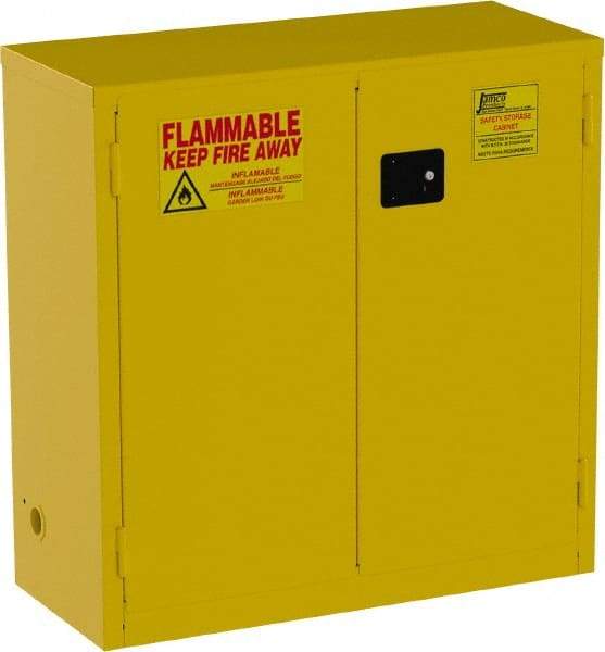 Jamco - 2 Door, 1 Shelf, Yellow Steel Standard Safety Cabinet for Flammable and Combustible Liquids - 44" High x 43" Wide x 18" Deep, Manual Closing Door, 3 Point Key Lock, 30 Gal Capacity - Benchmark Tooling