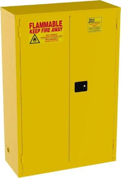 Jamco - 2 Door, 2 Shelf, Yellow Steel Standard Safety Cabinet for Flammable and Combustible Liquids - 65" High x 43" Wide x 18" Deep, Manual Closing Door, 3 Point Key Lock, 45 Gal Capacity - Benchmark Tooling