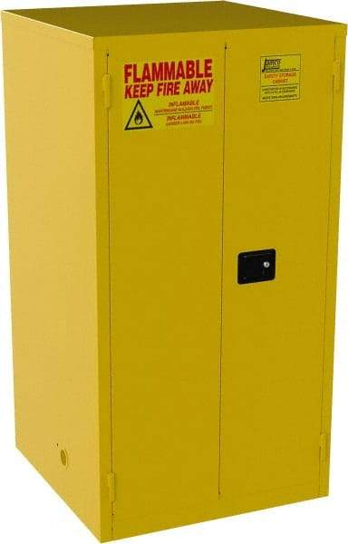 Jamco - 2 Door, 2 Shelf, Yellow Steel Standard Safety Cabinet for Flammable and Combustible Liquids - 65" High x 34" Wide x 34" Deep, Manual Closing Door, 3 Point Key Lock, 60 Gal Capacity - Benchmark Tooling