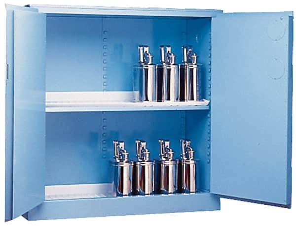 Justrite - 2 Door, 2 Shelf, Blue Steel Standard Safety Cabinet for Corrosive Chemicals - 65" High x 34" Wide x 34" Deep, Manual Closing Door, 3 Point Key Lock, 60 Gal Capacity - Benchmark Tooling