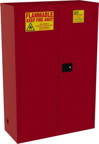 Jamco - 2 Door, 5 Shelf, Red Steel Standard Safety Cabinet for Flammable and Combustible Liquids - 65" High x 43" Wide x 18" Deep, Manual Closing Door, 3 Point Key Lock, 72 Gal Capacity - Benchmark Tooling