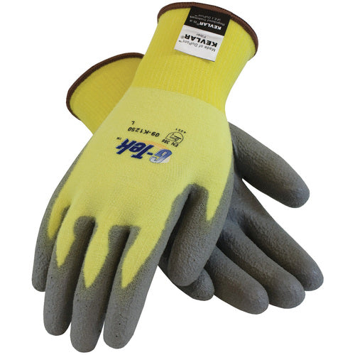 09-K1250/M Gloves w/Kevlar Brand - G-Tek KEV - Yellow 15G Kevlar/Lycra Seamless Knit - Gray PU Grip A2 - Exact Industrial Supply