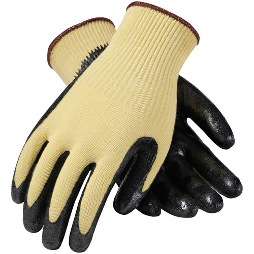 09-K1400/L Gloves w/Kevlar Brand - G-Tek KEV - Yellow 10G Kevlar Shell - Black Nitrile Coat Smooth Grip - A2 - Exact Industrial Supply