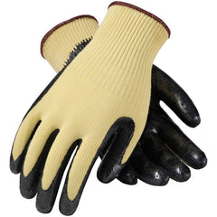 09-K1400/L Gloves w/Kevlar Brand - G-Tek KEV - Yellow 10G Kevlar Shell - Black Nitrile Coat Smooth Grip - A2 - Exact Industrial Supply