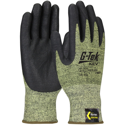 09-K1600/L Gloves w/Kevlar Brand - G-Tek KEV - Kevlar Engineered Yarn - Yel/Blk 13 Gauge - Nitrile Foam - A7 - Exact Industrial Supply