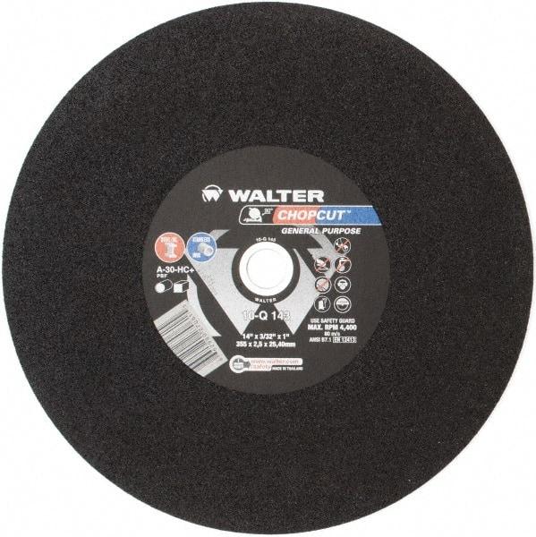 WALTER Surface Technologies - 14" 30 Grit Aluminum Oxide Cutoff Wheel - 3/32" Thick, 1" Arbor, 4,400 Max RPM, Use with Electric & Gas Powered Saws - Benchmark Tooling