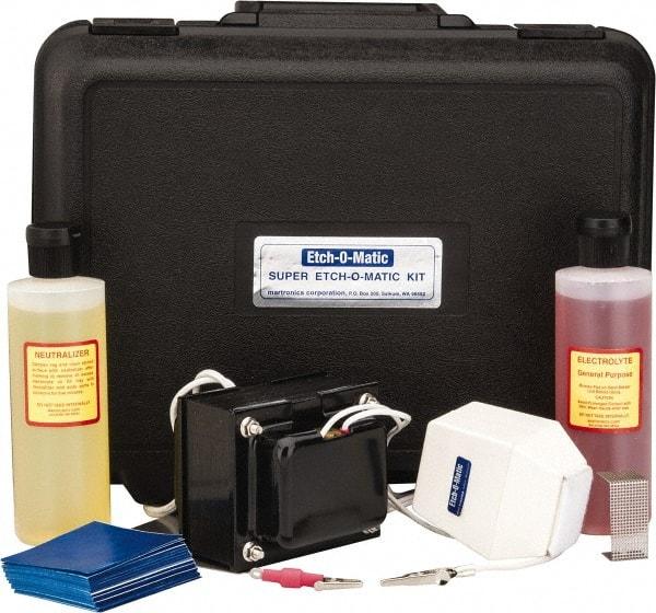 Etch-O-Matic - Electric Etcher - 10 Amp Kit, Includes 1 - 15-Volt, 10-Amp. Marker Unit With External Transformer; Adapter Clip For Deep Etch Marking; Ground Plate; 8 oz General Purpose Electrolyte; 8 oz Neutralizer; Extra Pads; 100 Pak Special Stencils - Benchmark Tooling