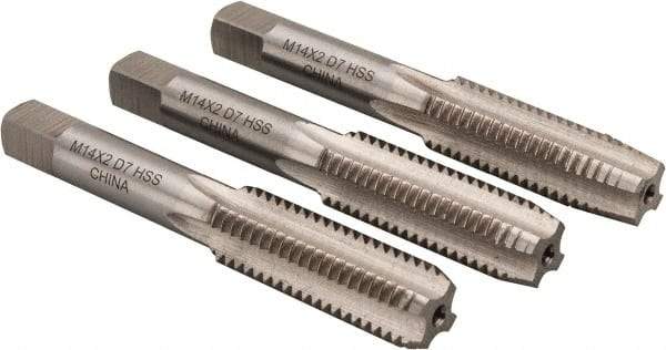 Interstate - M14x2.00 Metric Coarse, 4 Flute, Bottoming, Plug & Taper, Bright Finish, High Speed Steel Tap Set - Right Hand Cut, 3-19/32" OAL, 1-21/32" Thread Length - Benchmark Tooling