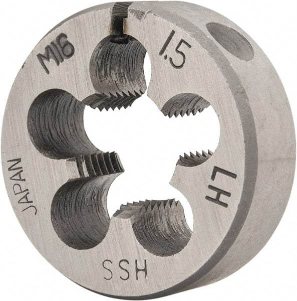 Interstate - M16x1.50 Metric Fine Thread, 1-1/2" Outside Diam High Speed Steel Round Die - 1/2" Thick, Left Hand Thread, Adjustable - Exact Industrial Supply