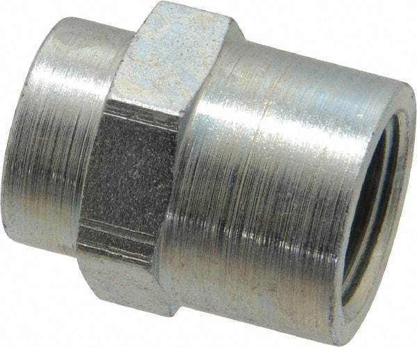 Parker - 3/8 x 1/4 Female Thread, Zinc Plated Steel Industrial Pipe Coupling - FNPTF, 6,000 psi - Benchmark Tooling