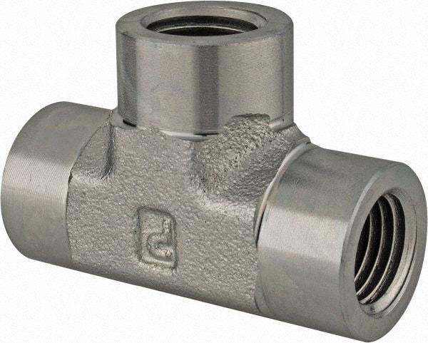 Parker - 3/8 Female Thread, Zinc Plated Steel Industrial Pipe Female Tee - FNPTF, 4,500 psi - Benchmark Tooling