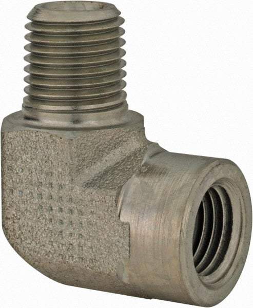 Parker - 1/4 Male Thread x 1/4 Female Thread, Zinc Plated Steel Industrial Pipe 90° Street Elbow - MNPTF x FNPTF, 5,000 psi - Benchmark Tooling