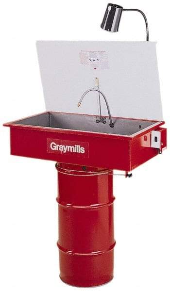 Graymills - Drum Mount Solvent-Based Parts Washer - 20 Gal Max Operating Capacity, Steel Tank, 67-1/8" High x 36" Long x 20" Wide, 115 Input Volts - Benchmark Tooling