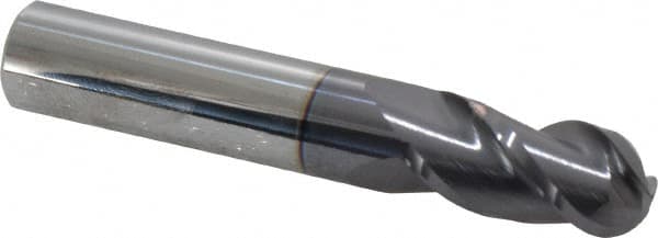 Accupro - 1/2" Diam, 1" LOC, 3 Flute Solid Carbide Ball End Mill - AlTiN Finish, Single End, 3" OAL, 1/2" Shank Diam, Spiral Flute - Benchmark Tooling