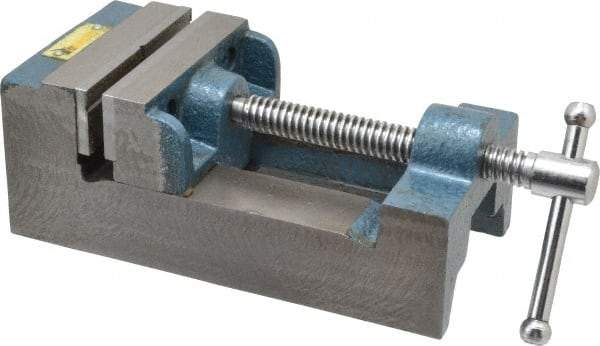 Interstate - 3-5/16" Jaw Opening Capacity x 1-7/64" Throat Depth, Horizontal Drill Press Vise - 3-1/2" Wide x 1.1" High Jaw, Stationary Base, Standard Speed, 8-1/2" OAL x 2-3/4" Overall Height, Cast Iron - Benchmark Tooling