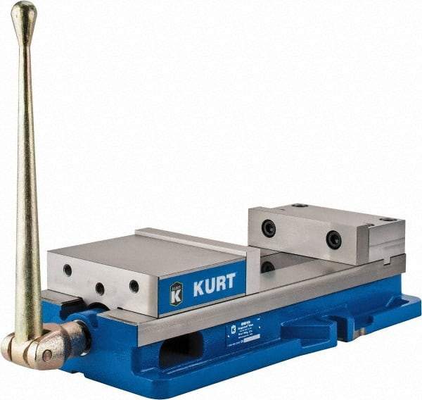 Kurt - 8" Jaw Width, 10" Jaw Opening Capacity, Horizontal Stationary Machine Vise - Manual Operation, 11,596 Lb Capacity, 1 Station, 24.185" Long x 5.51" High x 2-13/64" Deep, 2.2" Jaw Height, 80,000 psi Max Clamp Force, Ductile Iron - Benchmark Tooling