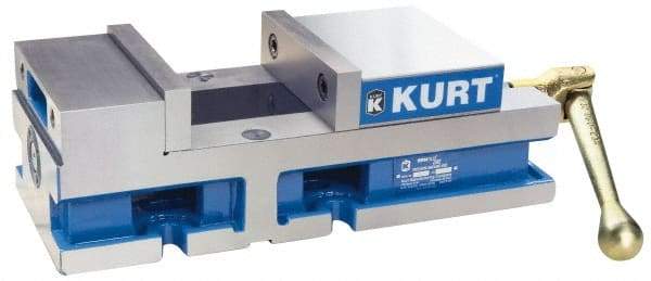 Kurt - 6" Jaw Width, 4" Jaw Opening Capacity, Horizontal Stationary Machine Vise - Manual Operation, 6,356 Lb Capacity, 1 Station, 14.88" Long x 4.6720" High x 1-31/64" Deep, 1.735" Jaw Height, 80 Lb Max Clamp Force - Benchmark Tooling