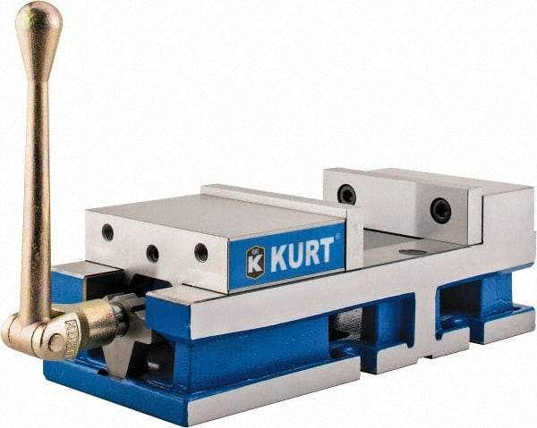 Kurt - 6" Jaw Width, 6" Jaw Opening Capacity, Horizontal Stationary Machine Vise - Manual Operation, 6,356 Lb Capacity, 1 Station, 17" Long x 4.6720" High x 1-31/64" Deep, 1.735" Jaw Height, 80 Lb Max Clamp Force - Benchmark Tooling