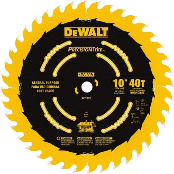 DeWALT - 10" Diam, 5/8" Arbor Hole Diam, 40 Tooth Wet & Dry Cut Saw Blade - Carbide-Tipped, General Purpose Action, Standard Round Arbor - Benchmark Tooling