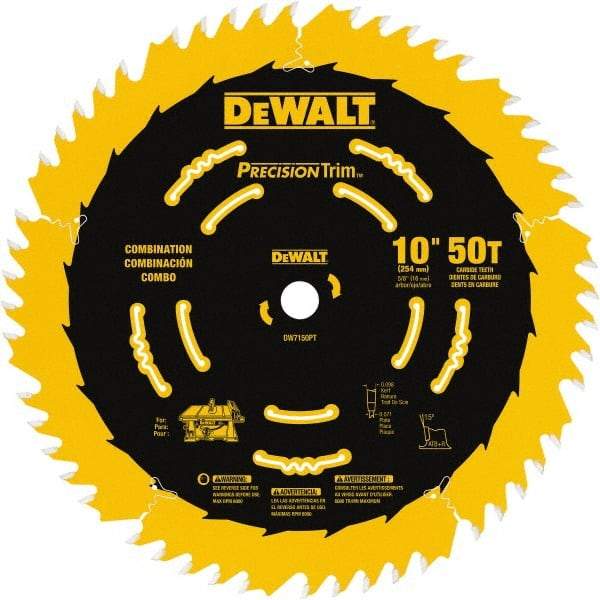 DeWALT - 10" Diam, 5/8" Arbor Hole Diam, 50 Tooth Wet & Dry Cut Saw Blade - Carbide-Tipped, Combination Action, Standard Round Arbor - Benchmark Tooling