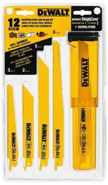 DeWALT - 12 Piece, 6" to 9" Long x 0.035" to 0.062" Thick, Bi-Metal Reciprocating Saw Blade Set - Straight and Tapered Profile, 6 to 24 Teeth per Inch, Angled Tip - Benchmark Tooling