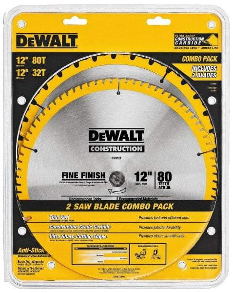 DeWALT - 12" Diam, 1" Arbor Hole Diam, 32 & 80 Tooth Wet & Dry Cut Saw Blade - Carbide-Tipped, Standard Round Arbor - Benchmark Tooling