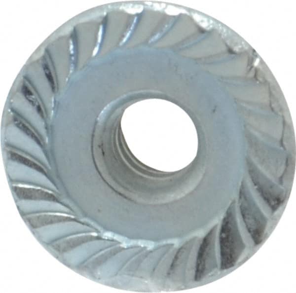 Value Collection - #6-32, 27/64" Flange Diam, Serrated Flange Nut - Grade Grade 2 Steel, Zinc-Plated Finish, 0.171" Flange Height - Benchmark Tooling