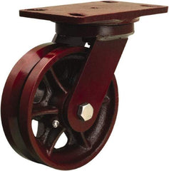 Hamilton - 6" Diam x 2" Wide, Iron Swivel Caster - 1,000 Lb Capacity, Top Plate Mount, 4-1/2" x 6-1/2" Plate, Straight Roller Bearing - Benchmark Tooling