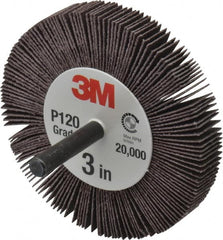 3M - 3" Diam x 1/2" Face Width, Fine Aluminum Oxide Coated Mounted Flap Wheel - 1/4" Shank Mount, 120 Grit, XE Weighted Cloth Backing, 18,000 Max RPM - Benchmark Tooling