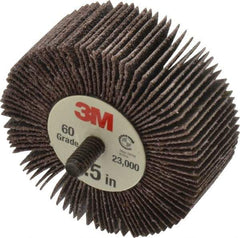 3M - 2-1/2" Diam x 1" Face Width, Medium Aluminum Oxide Coated Mounted Flap Wheel - 1/4-20 Threaded Mount, 60 Grit, XE Weighted Backing, 18,000 Max RPM - Benchmark Tooling