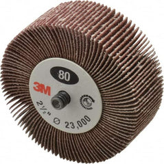 3M - 2-1/2" Diam x 1" Face Width, Medium Aluminum Oxide Coated Mounted Flap Wheel - 1/4-20 Threaded Mount, 80 Grit, XE Weighted Cloth Backing, 20,000 Max RPM - Benchmark Tooling