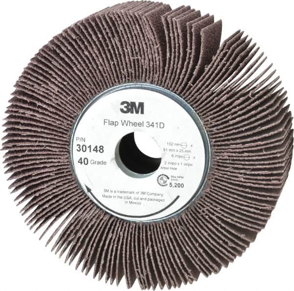 3M - 6" Diam, 40 Grit Aluminum Oxide Unmounted Flap Wheel - 1" Hole, 2" Wide, Coated, Coarse Grade, 5,200 Max RPM , X Weighted, Cloth Backing - Benchmark Tooling