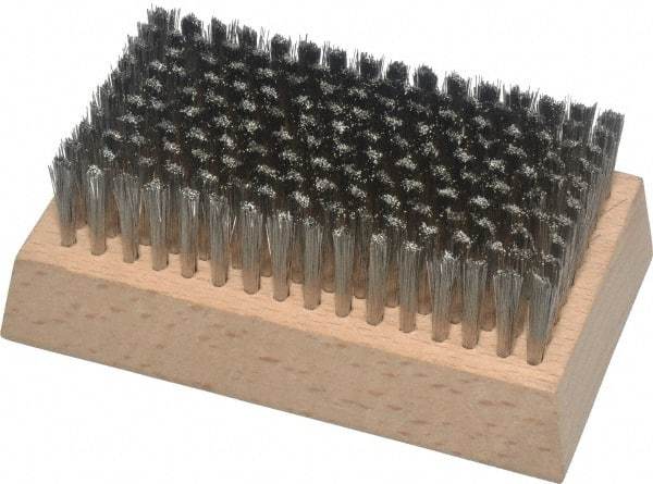 Made in USA - 3/4" Bristle Length, Stainless Steel Cleaning & Finishing Brush - 4-1/4" Long x 2-1/2" Wide Head, 4-1/4" OAL, Hardwood Block - Benchmark Tooling