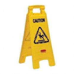 Rubbermaid - Caution, 11" Wide x 25" High, Plastic Floor Sign - English/French/Spanish, A-Frame, Black on Yellow, For Restroom, Janitorial & Housekeeping - Benchmark Tooling