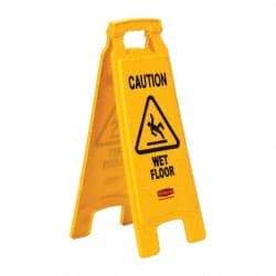 Rubbermaid - Caution - Wet Floor, 11" Wide x 25" High, Plastic Floor Sign - A-Frame, Black on Yellow, For Accident Prevention - Benchmark Tooling